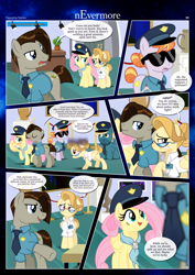 Size: 3259x4607 | Tagged: safe, artist:estories, copper top, discord, fluttershy, oc, oc:alice goldenfeather, earth pony, pegasus, pony, comic:nevermore, g4, clothes, female, male, mare, police uniform, pony discord, show accurate, stallion