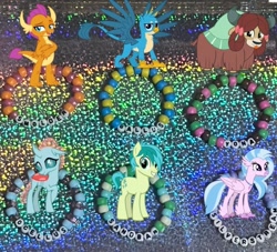 Size: 642x584 | Tagged: safe, artist:lnx1ynight16, part of a set, gallus, ocellus, sandbar, silverstream, smolder, yona, changedling, changeling, classical hippogriff, dragon, earth pony, griffon, hippogriff, pony, yak, g4, :p, bow, bracelet, cloven hooves, dragoness, female, hair bow, horn, jewelry, kandi, looking at you, male, necklace, smiling, spread wings, student six, tongue out, wings