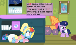 Size: 1920x1127 | Tagged: safe, artist:snowflakepone, rainbow dash, oc, oc:twinkle star, pegasus, pony, unicorn, g4, abdl, adult foal, bonnet, booties, bow, calendar, changing mat, changing table, clothes, comedy, complex background, cornrows, dialogue, dialogue box, diaper, diaper fetish, diaper package, doll, dress, duo, duo female, fanart, female, fetish, filly, foal, forced makeover, hair bow, hiding, horn, indoors, lying down, mare, misspelling, mouth hold, panicking, peeing in diaper, pinpoint eyes, poofy diaper, puffy sleeves, rainbow dash always dresses in style, reference, room, scared, soaked diaper, speech bubble, stroller, sweat, sweatdrop, sweatdrops, toy, urine, used diaper, walking, wet diaper