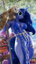 Size: 2160x3840 | Tagged: safe, artist:loveslove, princess luna, alicorn, barn owl, bird, owl, anthro, plantigrade anthro, g4, 3d, absolute cleavage, athena, blender, breasts, cleavage, clothes, commission, greek clothes, greek mythology, horn, not sfm, outdoors, solo, spear, weapon, wings, ych result