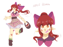 Size: 1066x797 | Tagged: safe, artist:gomikioo, apple bloom, human, g4, alternate hairstyle, apple, apple bloom's bow, bandaid, basket, blushing, boots, bow, clothes, dress, elf ears, female, food, grin, hair bow, humanized, pony coloring, shoes, simple background, smiling, socks, solo, white background