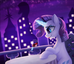 Size: 1082x936 | Tagged: safe, artist:zedaval, rarity, pony, unicorn, g4, city, cityscape, female, glass, horn, lipstick, magic, magic aura, manehattan, mare, sitting, solo, stars, table, wine glass