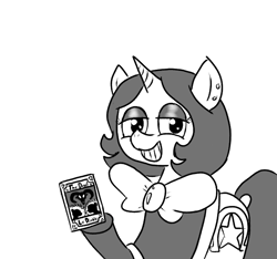 Size: 640x600 | Tagged: safe, artist:ficficponyfic, oc, oc only, oc:joyride, pony, unicorn, colt quest, bowtie, clothes, cyoa, female, grin, horn, leggings, looking at you, mantle, mare, monochrome, simple background, smiling, solo, story included, tarot card, unicorn oc, white background