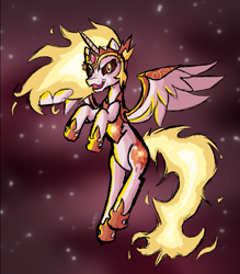 Size: 1423x1625 | Tagged: safe, artist:lemomew, daybreaker, alicorn, rapidash, g4, badass, belly, diabreaker, evil, female, fire, mare, round belly, sky, solo, stars