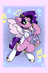 Size: 2000x3000 | Tagged: safe, artist:jubyskylines, pipp petals, pegasus, pony, g5, :p, bow, choker, clothes, colored hooves, colored wings, diamond, emanata, eye clipping through hair, eyelashes, female, floating heart, fluffy, gold hooves, grid, halo, headband, heart, high res, hooves, lidded eyes, looking at you, mare, name, outline, passepartout, pink background, ribbon, shiny hooves, simple background, smiling, smiling at you, solo, spread wings, stars, text, tongue out, wings
