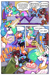 Size: 3063x4552 | Tagged: safe, artist:applepums, princess celestia, rainbow dash, oc, oc:dr. atmosphere, alicorn, pegasus, pony, fanfic:rainbow factory, g4, cake, cakelestia, cannon, comic, dialogue, eating, fanfic art, food, fuse, glowing, glowing horn, horn, jewelry, lever, magic, magic aura, pony cannonball, rainbow factory dash, regalia, smuglestia, telekinesis, to the moon, trollestia