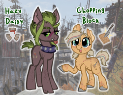 Size: 2769x2129 | Tagged: safe, artist:nootaz, oc, oc only, oc:chopping block, oc:hazy daisy, earth pony, pony, fallout equestria, choker, duo, ear piercing, earring, freckles, jewelry, lidded eyes, open mouth, open smile, piercing, raider, smiling, tongue out, tongue piercing, unamused, unshorn fetlocks