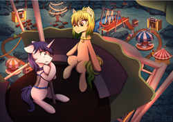 Size: 3470x2450 | Tagged: safe, artist:alicetriestodraw, oc, oc only, oc:mysza, earth pony, pony, unicorn, amusement park, duo focus, earth pony oc, horn, unicorn oc