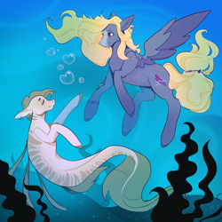 Size: 2800x2800 | Tagged: safe, artist:fhroggy, oc, oc only, pegasus, pony, seapony (g4), bubble, cute, digital art, dorsal fin, feather, fin, fins, fish tail, floppy ears, flowing mane, flowing tail, gills, happy, high res, jewelry, lidded eyes, looking at each other, looking at someone, male, necklace, ocean, pegasus oc, scales, seaweed, smiling, smiling at each other, spread wings, stallion, swimming, tail, underwater, water, wings