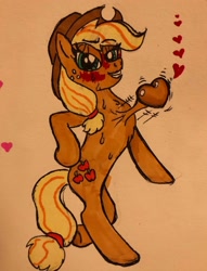 Size: 2871x3760 | Tagged: artist needed, safe, applejack, earth pony, pony, g4, cardiophilia, concave belly, fetish, heart, heart (organ), heartbeat, organs, seductive, seductive look, solo, traditional art