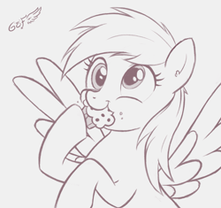 Size: 2663x2500 | Tagged: safe, artist:godoffury, derpy hooves, pegasus, pony, g4, bust, cute, derpabetes, eating, female, food, gray background, grayscale, high res, mare, monochrome, muffin, simple background, solo, spread wings, that pony sure does love muffins, wings