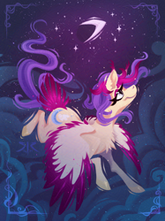 Size: 850x1134 | Tagged: safe, artist:absolutecreaturevibes, oc, oc only, oc:white cloud, pegasus, pony, colored wings, colored wingtips, flying, lineless, moon, night, solo, tail, tail feathers, wings