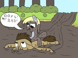 Size: 1600x1200 | Tagged: safe, artist:amateur-draw, derpy hooves, doctor whooves, time turner, earth pony, pegasus, pony, g4, covered in mud, duo, duo male and female, eyes rolling back, female, male, mare, mud, muddy, oops my bad, silly, silly pony, stallion, unamused