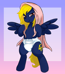 Size: 3500x4000 | Tagged: safe, artist:onc3l3rphobix, oc, oc only, oc:naveen numbers, pegasus, pony, bipedal, blanket, diaper, diaper fetish, female, fetish, gradient background, mare, non-baby in diaper, smiling, solo, spread wings, wings