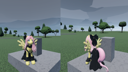 Size: 1848x1047 | Tagged: safe, fluttershy, pegasus, pony, g4, 3d, bow, clothes, dress, female, fluttergoth, game screencap, hair bow, roblox, solo, tree, twisted (game)