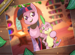 Size: 1900x1382 | Tagged: safe, artist:saturdaymorningproj, spike, twilight sparkle, dragon, pony, unicorn, g4, book, colored, cute, digital art, duo, duo male and female, female, golden oaks library, horn, leaves, male, old photo, photo, smiling, spikabetes, twiabetes, unicorn twilight, wingless spike