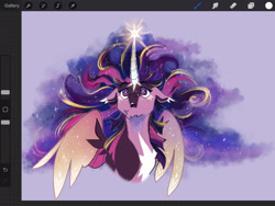 Size: 2160x1620 | Tagged: safe, artist:cerulean-crow, twilight sparkle, alicorn, pony, g4, art program in frame, coat markings, female, looking up, mare, multicolored hair, procreate app, purple background, simple background, solo, starry eyes, starry wings, twilight sparkle (alicorn), wingding eyes, wings, wip