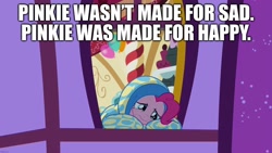 Size: 1920x1080 | Tagged: safe, edit, edited screencap, screencap, pinkie pie, earth pony, pony, g4, my little pony: friendship is magic, season 8, yakity-sax, balloon, blanket, caption, crying, depressed, female, image macro, mare, meme, night, sad, solo, sugarcube corner, text