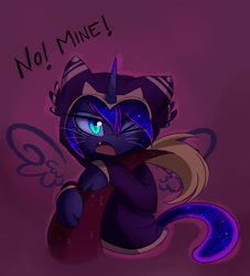 Size: 2307x2542 | Tagged: dead source, safe, artist:magnaluna, discord, princess luna, alicorn, cat, cat pony, draconequus, original species, pony, g4, catified, clothes, duo, duo male and female, ethereal mane, female, female focus, grumpy luna, high res, hoodie, horn, implied lunacord, interspecies, male, mare, offscreen character, one eye closed, open mouth, ship:lunacord, shipping, slit pupils, solo focus, species swap, straight