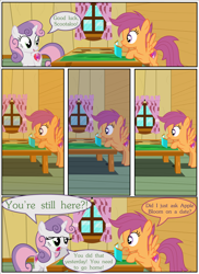 Size: 2700x3713 | Tagged: safe, artist:gm-scoots, scootaloo, sweetie belle, pegasus, pony, unicorn, comic:bleeding hearts, g4, clubhouse, crusaders clubhouse, duo, duo female, female, filly, foal, horn, implied apple bloom, lesbian, ship:scootabloom, shipping