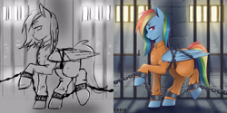 Size: 4000x2000 | Tagged: safe, artist:erein, rainbow dash, pegasus, pony, g4, ankle chain, bondage, bound wings, chained, chains, clothes, commission, commissioner:rainbowdash69, crepuscular rays, cuffed, cuffs, day, ears up, female, folded wings, high res, jail, jail cell, jumpsuit, mare, monochrome, multicolored hair, multicolored tail, never doubt rainbowdash69's involvement, prison, prison outfit, prisoner, prisoner rd, process, shackles, sketch, solo, step by step, sunlight, tail, wing cuffs, wings