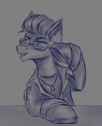 Size: 528x653 | Tagged: safe, artist:darklight1315, oc, oc only, oc:general director, oc:trident, earth pony, pony, fallout equestria, clothes, dog tags, fallout equestria: mayday, jacket, leather, leather jacket, solo, sunglasses