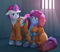 Size: 3000x2604 | Tagged: safe, artist:applesartt, misty brightdawn, zipp storm, g5, blushing, clothes, commissioner:rainbowdash69, cuffs, duo, duo female, female, horn, horn ring, jail, jail cell, jumpsuit, magic suppression, nervous, nervous smile, never doubt rainbowdash69's involvement, prison, prison cell, prison jumpsuit, prison outfit, prisoner, prisoner misty, prisoner zipp, ring, shackles, shirt, smiling, undershirt