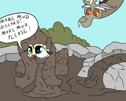 Size: 2000x1600 | Tagged: safe, artist:amateur-draw, discord, fluttershy, draconequus, pegasus, g4, covered in mud, creature, female, mare, mud, mud bath, mud mask, mud play, mud pony, muddy, pond, shipping, speech bubble, text, water, wet and messy