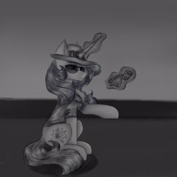 Size: 2560x2560 | Tagged: safe, artist:darklight1315, oc, oc only, oc:darklight kvass, pony, unicorn, clothes, glass, hat, horn, magic, shirt, solo, sunglasses, telekinesis