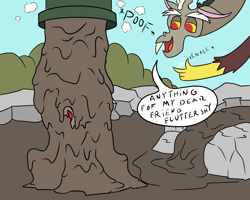 Size: 2000x1600 | Tagged: safe, artist:amateur-draw, discord, fluttershy, draconequus, pegasus, g4, covered in mud, female, magic, male, mare, mud, mud bath, mud mask, mud play, mud pony, muddy, pipe (plumbing), shipping, speech bubble, text, tube, wet and messy