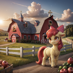 Size: 2048x2048 | Tagged: safe, ai assisted, ai content, artist:venisoncreampie, generator:stable diffusion, apple bloom, earth pony, pony, g4, apple, blush lines, blushing, chest fluff, cloud, cloudy, crate, dirt road, ear fluff, female, fence, filly, floppy ears, foal, food, grass, hooves, outdoors, side view, solo, standing, sunrise, sweat, sweet apple acres, unshorn fetlocks