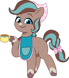 Size: 888x999 | Tagged: safe, artist:prixy05, earth pony, pony, g5, my little pony: tell your tale, apron, clothes, cocoa (wild manes), coffee, coffee cup, cup, female, mare, ponified, simple background, solo, style emulation, transparent background, vector, wild manes