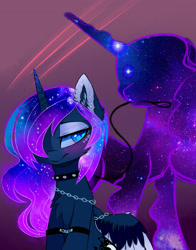 Size: 1600x2037 | Tagged: safe, artist:magnaluna, princess luna, tantabus, alicorn, pony, g4, bdsm, bedroom eyes, blushing, bondage, bound, bound wings, chains, chest fluff, collar, color porn, colored pupils, colored wings, colored wingtips, cuffs, duo, ear fluff, ethereal mane, eyeshadow, female, femsub, fluffy, frown, galaxy mane, hair over one eye, horn, leash, lidded eyes, looking back, lunabus, lunasub, makeup, mare, masochism, multicolored wings, shipping, sitting, slit pupils, spiked collar, spread wings, submissive, wings