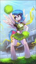Size: 1685x3000 | Tagged: safe, artist:ramiras, artist:share dast, oc, oc only, oc:teacup cake, pegasus, anthro, unguligrade anthro, anthro oc, arm hooves, belly, belly button, bow, breasts, cheering, cheerleader, cheerleader outfit, clothes, commission, crowd, cute, day, detailed background, explicit source, fans, female, freckles, grass, high res, mare, midriff, open mouth, open smile, outdoors, pegasus oc, pleated skirt, pom pom, shirt, short shirt, skirt, smiling, soccer field, solo, spread wings, stadium, t-shirt, tail, tail bow, wide hips, wings