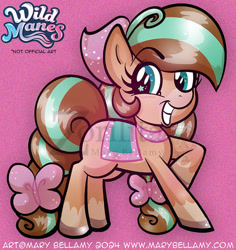 Size: 600x635 | Tagged: safe, artist:marybellamy, pony, bandana, bow, braid, chibi, chocolate, cocoa (wild manes), female, food, hot chocolate, mare, obtrusive watermark, pink, ponified, saddle, striped mane, tack, watermark, wild manes