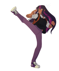 Size: 1061x1280 | Tagged: source needed, safe, artist:winekqknw, twilight sparkle, human, g4, action pose, backpack, clothes, dark skin, female, fist, high kick, humanized, kick, shoes, simple background, solo, white background