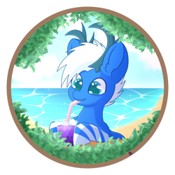 Size: 2000x2000 | Tagged: safe, artist:pasteldraws, oc, oc only, deer, pony, antlers, beach, bubble tea, commission, drink, drinking, drinking straw, ear fluff, leaves, ocean, solo, summer, vacation, water, ych example, ych result, your character here