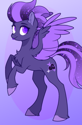 Size: 1284x1972 | Tagged: safe, artist:1no4ka, oc, oc only, oc:shadow galaxy, pegasus, pony, :p, cheek fluff, chest fluff, commission, concave belly, cute, ethereal mane, female, gradient background, hooves, mare, pegasus oc, rearing, solo, spread wings, starry mane, starry tail, tail, tongue out, unshorn fetlocks, wings, ych result