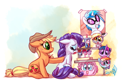 Size: 1750x1200 | Tagged: safe, artist:whitediamonds, applejack, derpy hooves, dj pon-3, pinkie pie, rainbow dash, rarity, twilight sparkle, vinyl scratch, earth pony, pony, unicorn, rarijack daily, g4, applejack's hat, cowboy hat, crying, duo, duo female, eyes closed, eyeshadow, female, freckles, hat, horn, lesbian, makeup, mare, open mouth, poster, profile, running makeup, sad, ship:rarijack, shipping, side view, signature, sitting, soda, tail, teary eyes, tumblr