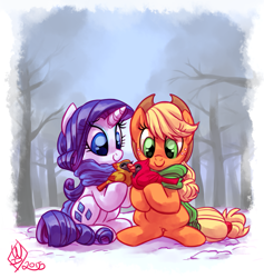 Size: 1375x1450 | Tagged: safe, artist:whitediamonds, applejack, rarity, bird, cardinal, earth pony, pony, unicorn, rarijack daily, g4, applejack's hat, clothes, cowboy hat, cute, duo, duo female, female, forest, freckles, hat, horn, jackabetes, lesbian, looking at something, mare, nature, outdoors, raribetes, scarf, scenery, ship:rarijack, shipper on deck, shipping, signature, sitting, smiling, snow, tail, tree, winter