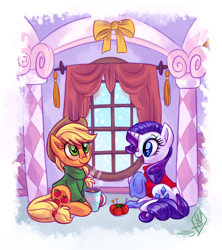 Size: 1400x1575 | Tagged: safe, artist:whitediamonds, applejack, rarity, earth pony, pony, unicorn, rarijack daily, g4, applejack's hat, carousel boutique, clothes, cold, cowboy hat, duo, duo female, female, freckles, hat, horn, indoors, lesbian, looking at someone, mare, mug, open mouth, open smile, scarf, ship:rarijack, shipping, shirt, signature, sitting, smiling, snow, snowfall, sweater, tail, window, winter