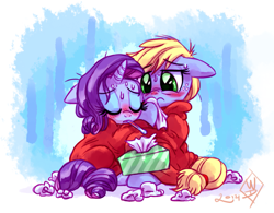 Size: 1375x1075 | Tagged: safe, artist:whitediamonds, applejack, rarity, earth pony, pony, unicorn, rarijack daily, g4, season 2, three's a crowd, blanket, blue flu, blushing, cuddling, duo, duo female, eyebrows, eyebrows visible through hair, eyes closed, eyeshadow, female, floppy ears, freckles, hatless, horn, lesbian, makeup, mare, missing accessory, ship:rarijack, shipping, sick, signature, sitting, snuggling, sweat, sweatdrop, tail, thermometer, tissue, tissue box