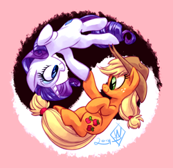 Size: 1700x1650 | Tagged: safe, artist:whitediamonds, applejack, rarity, earth pony, pony, unicorn, rarijack daily, g4, applejack's hat, cowboy hat, duo, duo female, eyebrows, eyebrows visible through hair, eyeshadow, female, freckles, hat, hoofbump, horn, lesbian, looking at each other, looking at someone, makeup, mare, ship:rarijack, shipping, signature, smiling, smiling at each other, tail, tumblr, yin-yang