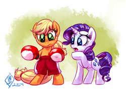 Size: 1350x1000 | Tagged: safe, artist:whitediamonds, applejack, rarity, earth pony, pony, unicorn, rarijack daily, g4, bipedal, boxer, boxing, boxing day, boxing gloves, boxing shorts, clothes, duo, duo female, eyebrows, eyebrows visible through hair, eyeshadow, female, freckles, hatless, horn, lesbian, looking at something, makeup, mare, missing accessory, open mouth, raised hoof, ship:rarijack, shipping, shorts, signature, sports, sweat, sweatdrop, tail