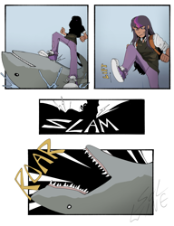 Size: 985x1280 | Tagged: source needed, safe, artist:winekqknw, twilight sparkle, human, shark, g4, angry, clothes, comic, dark skin, female, fight, fist, humanized, pain, roar, shoes, stomp