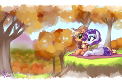 Size: 1900x1275 | Tagged: safe, artist:whitediamonds, applejack, rarity, earth pony, pony, unicorn, rarijack daily, g4, applejack's hat, autumn, blanket, clothes, cowboy hat, duo, duo female, eyeshadow, female, forest, freckles, hat, horn, lesbian, looking at each other, looking at someone, lying down, makeup, mare, nature, outdoors, prone, scarf, scenery, ship:rarijack, shipping, signature, smiling, smiling at each other, tail, tree, tumblr