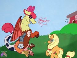 Size: 2160x1620 | Tagged: safe, artist:felixmcfurry, apple bloom, applejack, winona, dog, draconequus, earth pony, pony, g4, barn, dialogue, draconequified, fangs, female, looking down, looking up, mare, outdoors, question mark, racist barn, species swap, sweat, sweatdrop, text, wat