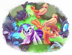 Size: 2000x1542 | Tagged: safe, artist:whitediamonds, applejack, rarity, changeling, earth pony, pony, unicorn, rarijack daily, g4, angry, applejack's hat, cowboy hat, female, fight, freckles, glowing, glowing horn, gritted teeth, hat, horn, kick, lesbian, magic, magic aura, male, mare, ship:rarijack, shipping, signature, sweat, tail, teeth