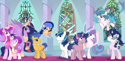 Size: 7656x3740 | Tagged: safe, artist:brightarmor, flash sentry, princess cadance, princess flurry heart, shining armor, twilight sparkle, oc, oc:achernar sentry, oc:bright armor, oc:crystal flake, oc:lightning comet, alicorn, pegasus, pony, unicorn, g4, aunt and nephew, aunt and niece, base used, brother and sister, cousins, father and child, father and daughter, father and son, female, horn, husband and wife, male, mare, mother and child, mother and daughter, mother and son, offspring, older, older flash sentry, older flurry heart, older princess cadance, older shining armor, older twilight, older twilight sparkle (alicorn), parent:flash sentry, parent:princess cadance, parent:shining armor, parent:twilight sparkle, parents:flashlight, parents:shiningcadance, pillar, ship:flashlight, ship:shiningcadance, shipping, siblings, stained glass, stallion, straight, twilight sparkle (alicorn)