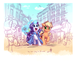 Size: 2250x1800 | Tagged: safe, artist:whitediamonds, applejack, rarity, earth pony, pony, unicorn, fanfic:the fruits of their labors, rarijack daily, g4, applejack's hat, cart, city, cloak, clothes, cowboy hat, eyes closed, fanfic art, female, freckles, glowing, glowing horn, happy, hat, horn, lesbian, levitation, magic, magic aura, male, manehattan, mare, open mouth, open smile, outdoors, raised hoof, ship:rarijack, shipping, signature, smiling, stallion, tail, telekinesis